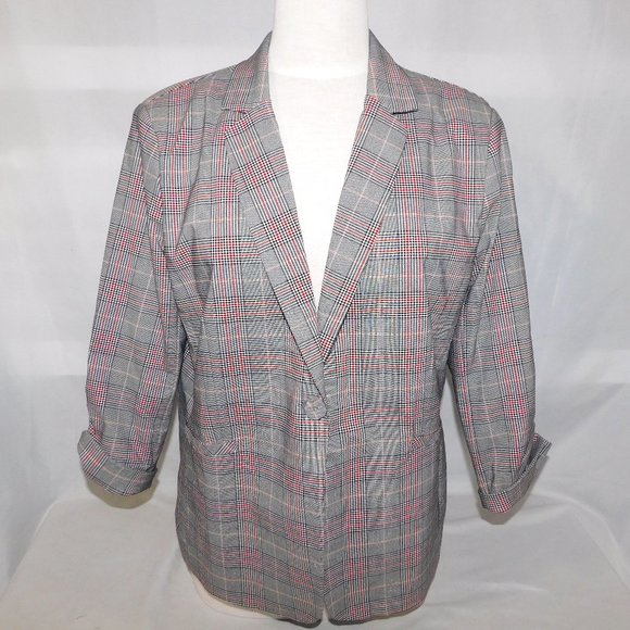 Jules & Leopold Womens L Black White Red Plaid Check Blazer 3/4 Sleeve Preppy - Picture 1 of 12